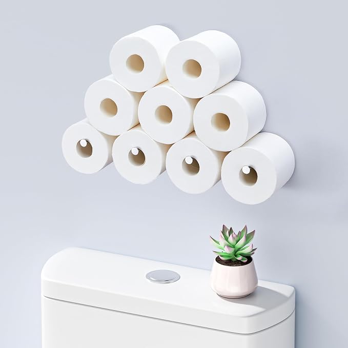 Toilet Paper Holder Wall Mount, Extra Toilet Paper Storage Metal, Modern Toilet Paper Organizer for 10 Rolls, Adhesive Toilet Paper Stand for Bathroom Kitchen Washroom (Sliver)