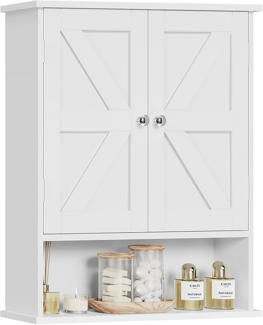 Bathroom Wall Cabinet, Over The Toilet Space Saver Storage with Barn Doors & Adjustable Shelf, Hanging Medicine Cabinet, White 7.1" D x 15.4" W x 19.3" H
