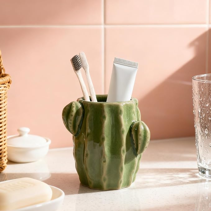 Ceramic Cactus Green Toothbrush Holder,Western Fun Bathroom Decor