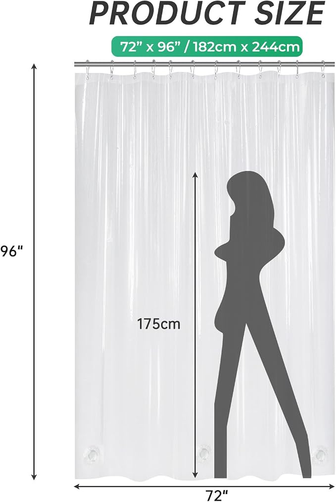 AmazerBath Extra Long Shower Curtains 96 Length, Tall Shower Curtain Liner Clear 72x96 Inches, Premium PEVA, Bathroom Accessories with 3 Weighted Stones and 12 Rustproof Grommets