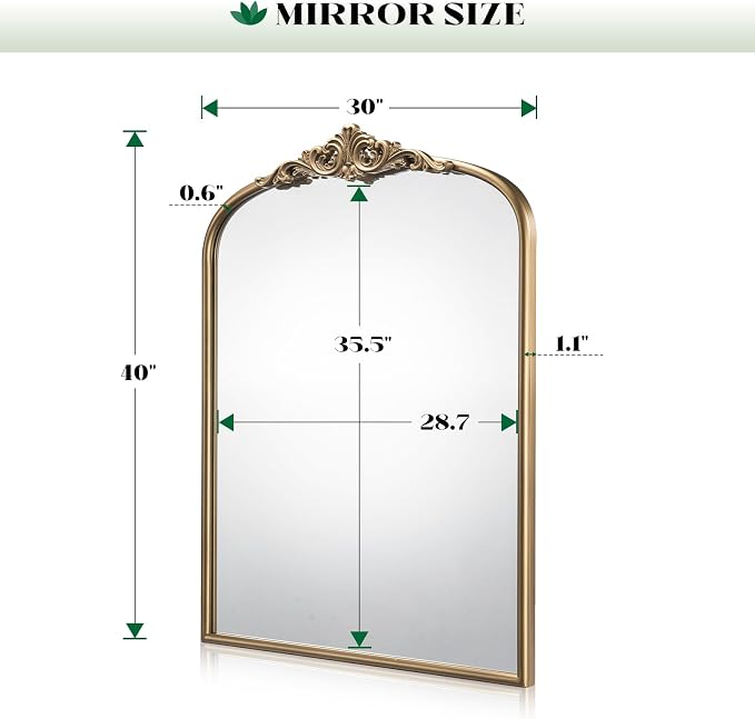 Vintage Baroque Arched Wall Mirror, 30"x40" Antique Gold Mirror | Bathroom Wall Mirrors, Large Ornate Arch Bronze Mirror for Over Sink, Fireplace, Entryway, Living Room, Hanging or Leaning