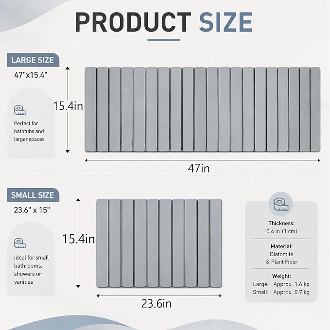 2 Pack Extra Large Foldable Stone Bath Mats Set, 47"x15.4" and 23.6"x15.4" Diatomaceous Earth Bath Mat with Non Slip Rubber Base Quick Dry Bathroom Shower Mat Light Grey for Bathroom