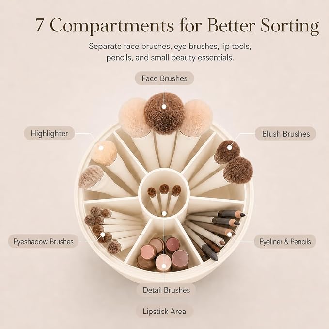 EACHY Makeup Brush Holder with Lid, Rotating Makeup Brush Organizer, Beige | Dustproof Lid, 7 Compartments, Waterproof Plastic, Vanity Makeup Organizer for Brushes