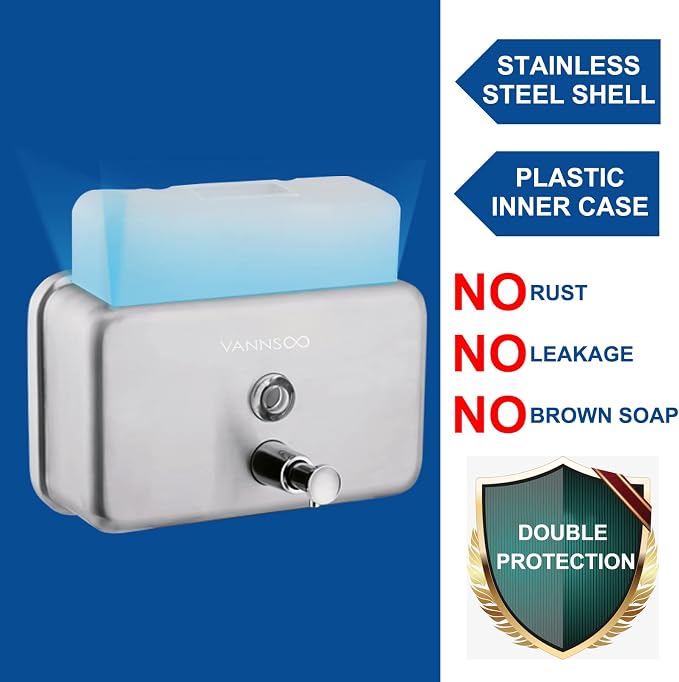 Commercial Soap Dispenser Wall Mount Stainless Steel, Horizontal | Rust-Proof Lining and Anti-Leak Pump Liquid Hand 1100ml / 37oz.