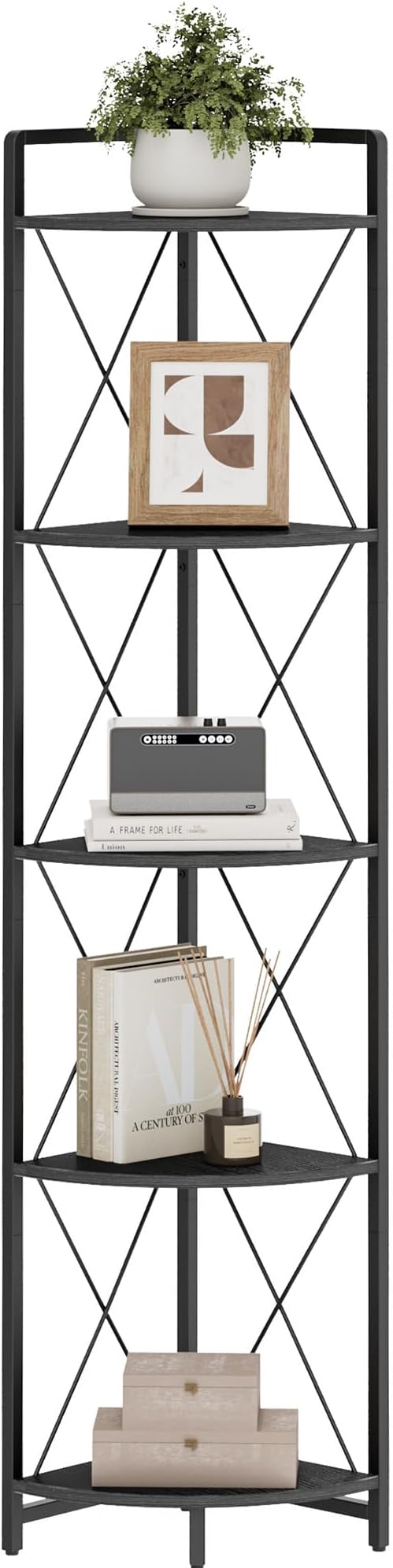 5 Tier Corner Shelf Stand, 64" H Tall Corner Bookshelf, Black | Industrial Metal Corner Shelf for Living Room Decor, Plant Stand Display Shelf for Bedroom, Bathroom, Small Spaces