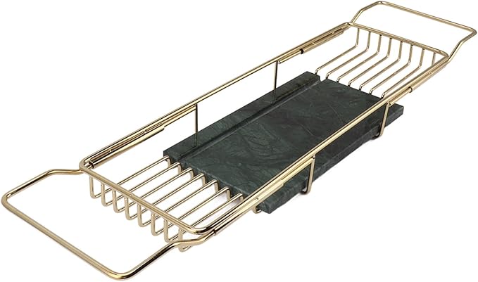 Marhynchus Metal Marble Bathtub Rack, Bathtub Caddy Tray Stainless Steel Shower Caddy Tray with Extending Sides, Bathroom Trays (Gold Green)