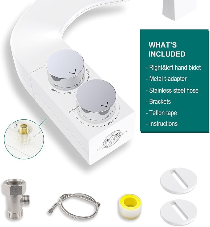 BIDETbidet Left/Right Reversible Fresh Water Deluxe Ultra-Slim Toilet Attachment, Interchangeable Knob Set, Non-Electric with Nozzle Hinged Design, Easy Install, Fits Most Toilets, Off-White