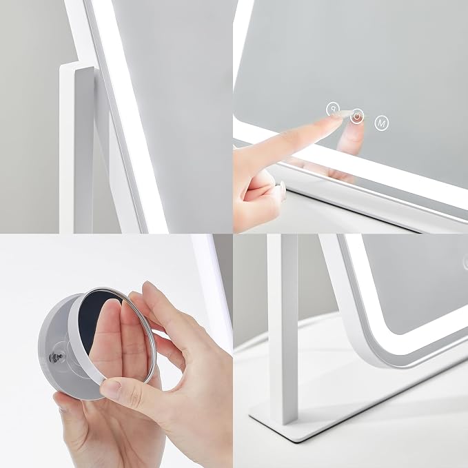 HIEEY Vanity Mirror with Lights, 14.1" x 12" Makeup Mirror with Lights, Three Color Lighting Modes, and 5X Magnification Mirror, Smart Touch Control, 360°Rotation (White,Gift Box)