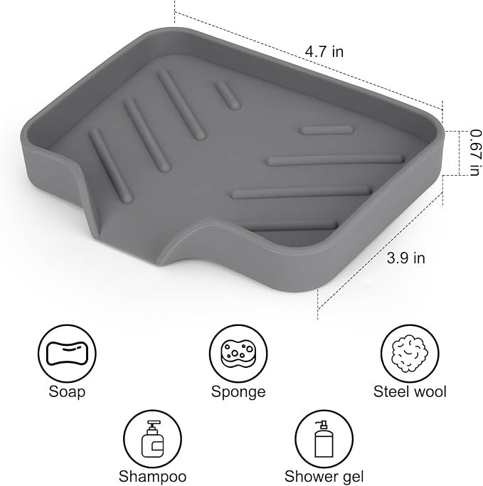 2 Pack Silicone Soap Dish for Shower with Self Draining 4.7"×3.9" Gray | Soap Holder for Bathroom, Silicone Sponge Holder for Kitchen Sink, Soap Tray for Dispenser, Scrubber, Bottle