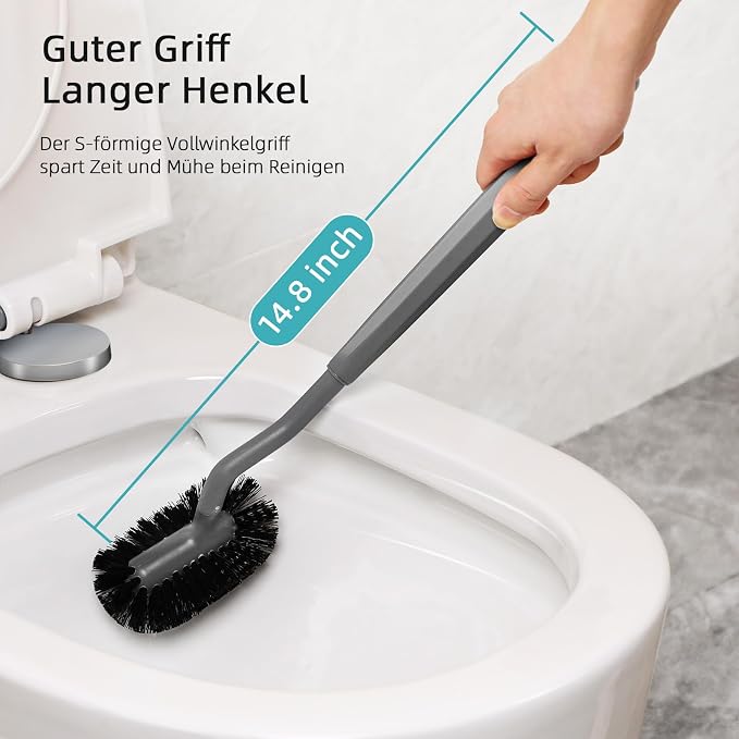 HAMITOR Toilet Bowl Brush Holder Set, Dead Corner S-Shaped Bristle Scrubber | Curved Bristles Clean under Rim and Corners, Ventilated Holder Dries Fast, Long Ergonomic Handle, Soft Grip, Saves Space, Rv