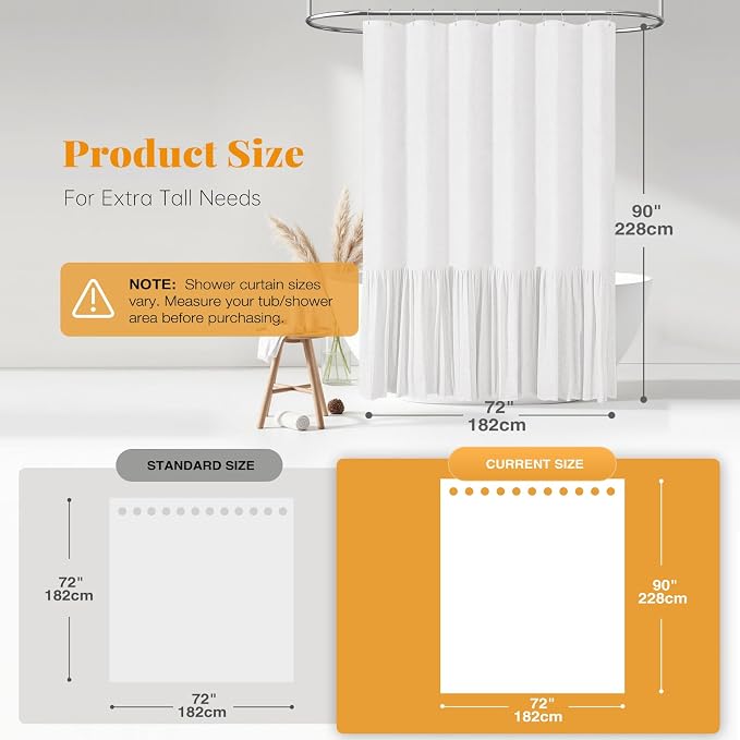 Extra Long Linen Ruffle Farmhouse Cloth Shower Curtain, 72x90, White | Ruffle Hem, Heavy Duty Fabric, 12 Hooks, Elegant Drape, Shabby Chic Style, Bathroom Decor, Machine Washable, Easy To Install