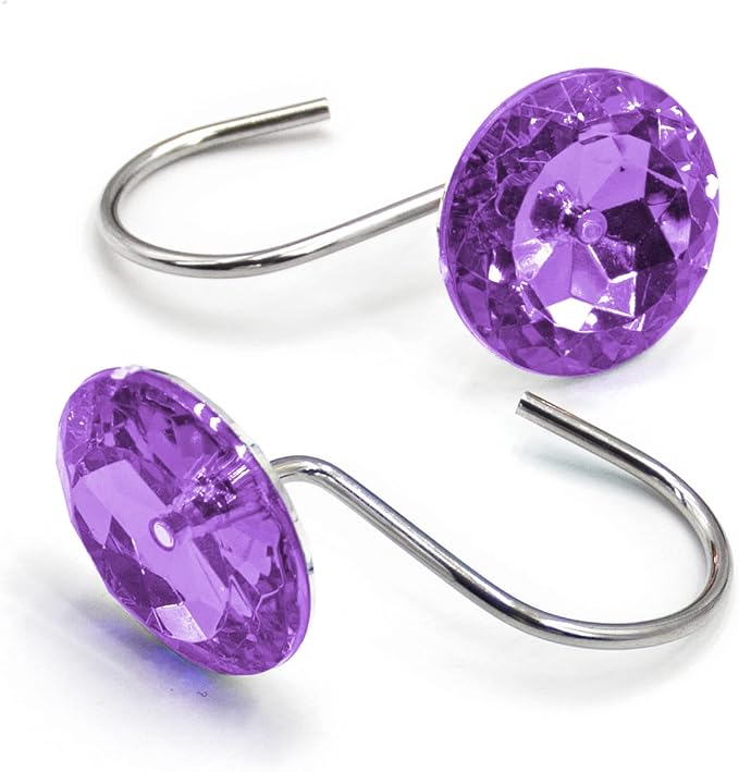 Crystal Diamond Round Shower Curtain Hooks Rings for Bathroom,Purple,12PCS | Acrylic Decorative Rhinestones Bling Shower Hooks Rings,for Bathroom Curtains Rod,Gem Metal Rust Proof Shower Hangers
