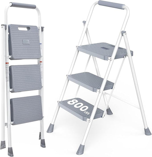 Sweetcrispy 3 Step Ladder, 800lbs Folding Sturdy Step Stool | Portable Stepping Stool with Wide Anti-Silp Pedal & Cushioned Handle, for Home Kitchen and Outdoor - Grey