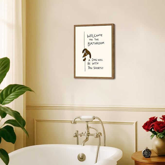 Welcome to the Bathroom Wall Art Funny Dog Bathroom Sign Wall Decor Picture Cute Animal Restroom Quote Poster Canvas Painting Prints 24x16 inch Wood Framed