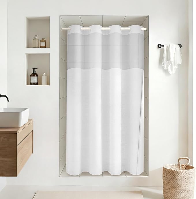 60x75 Ringless Linen Textured Shower Curtain with Snap in Liner, White | Small Size, 3 in 1 Shower Curtain Set, Removable Liner, Waterproof & Washable, Mesh Top Window, Durable Fabric, Easy Setup