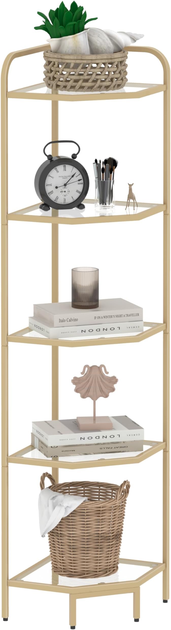 Hzuaneri Corner Shelf Stand, 5-Tier Glass Bookshelf Bookcase, Plant Stand | Bathroom Organizer Steel Frame, Tempered Glass, Modern Style for Living Room, Bathroom, Kitchen, Gold CS90200G
