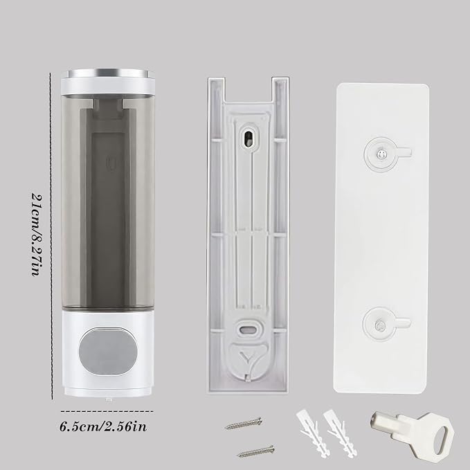10oz/300ml Single Manual Wall Mounted Soap Dispenser, Silver & White | Bathroom Shampoo and Conditioner Dispenser, Clear Plastic Refillable Liquid Lotion Pump Dispenser and Organizer