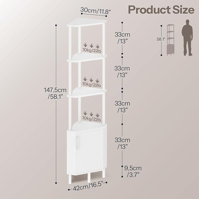 HOOBRO Corner Cabinet with LED Light, Corner Shelf Stand with Storage and Doors, 5-Tier Industrial Corner Bookshelf, 59” Tall Display Rack Shelf, for Living Room, Kitchen, White WT147DCJ01