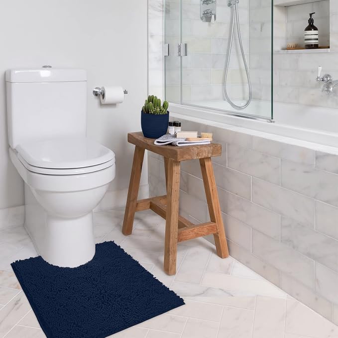 LuxUrux U-Shaped Toilet Bath Mat – Absorbent & Non-Slip Contoured Rug for Toilet Base, Plush Chenille, Machine Washable (20 x 20 inch, Navy)