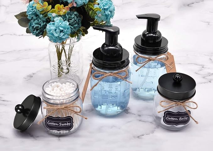 Amolliar Mason Jar Foaming Soap Dispenser, 16oz Hand Dispenser, Black 2Pack | Rustproof Stainless Steel Lid Plastic Soap Pump, Rustic Farmhouse Decor, Refill Foam Hand Soap Dispenser for Bathroom Kitchen