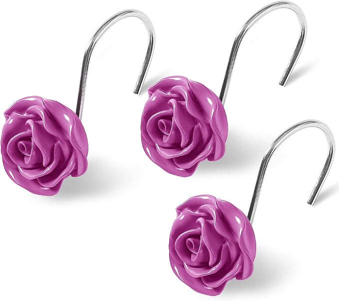 Cute Rose Floral Shower Curtain Hooks Rings for Bathroom,Burgundy 12PCS | Metal Rustproof Curtain Hooks Shower Rings,Girls Decorative Flower Bathroom Decor,for Bathroom Shower Rods