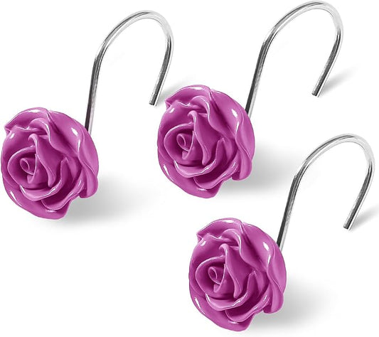 Cute Rose Floral Shower Curtain Hooks Rings for Bathroom,Burgundy 12PCS | Metal Rustproof Curtain Hooks Shower Rings,Girls Decorative Flower Bathroom Decor,for Bathroom Shower Rods