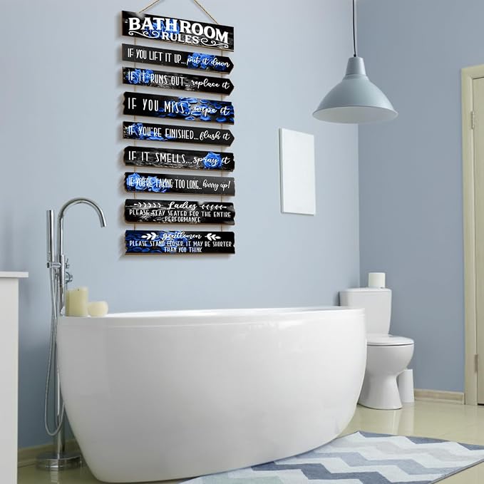 Bathroom Wall Decor Funny Bathroom Signs Bathroom Rules Pictures Wall Art Decor Rustic Farmhouse Toilet Decor Wooden Sign (Blue Rose)
