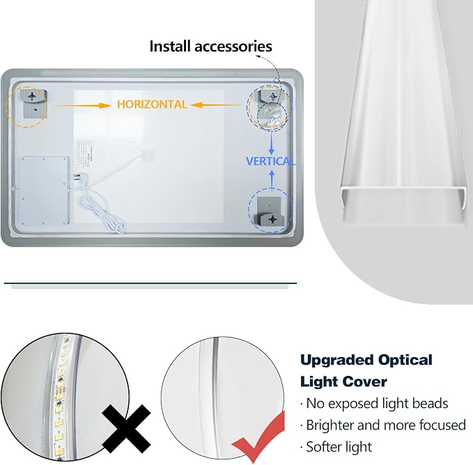 Niccy Led Mirror for Bathroom, 40"x30" Frameless Frontlit and Backlit Mirrors for Wall Lighted Mirror with Bedroom 3 Color, Defogger, Explosion-Proof, HD Glass, IP65 Vanity Horizontal/Vertical