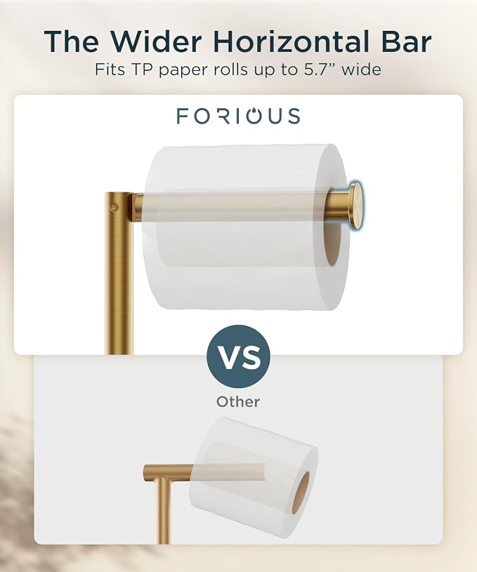 FORIOUS Toilet Paper Holder Stand, 4 Roll Storage, Weighted Base | Brushed Gold | Freestanding Tissue Roll Holder | SUS304 Stainless Steel Rustproof | Bathroom Toilet Paper Stand | Modern