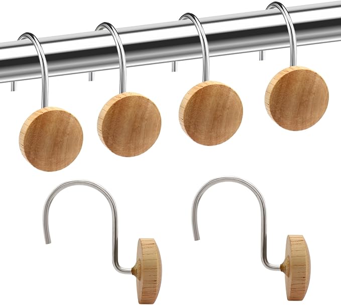 Shower Curtain Hooks, Wood Decorative Shower Curtain Rings, Modern Round Log Shower Curtain Hangers, 12PCS Shower Hooks for Shower Curtain Rod, Bedroom, Living Room (Silvery 1)
