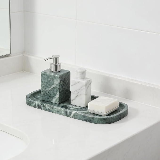 Marble Tray, 10"x5" Marble Vanity Tray for Bathroom Countertop Kitchen Sink, Rectangular Stone Tray for Perfume Fragrance, Decorative Catchall Tray Jewelry Cosmetics Organizer(Green)