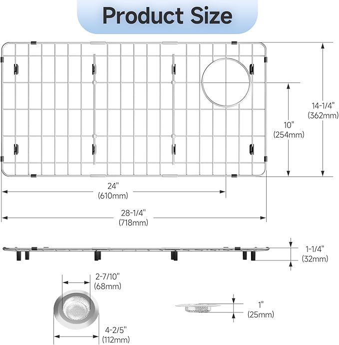 1Pack Stainless Steel Sink Protectors, 28-1/4" x 14.37" x 1-1/4" | Rear Drain, Used in the Kitchen Sink, Anti-clogging, Anti-scratch, Easy to Clean, Rust Resistant, Include 1Pcs Sink Strainer