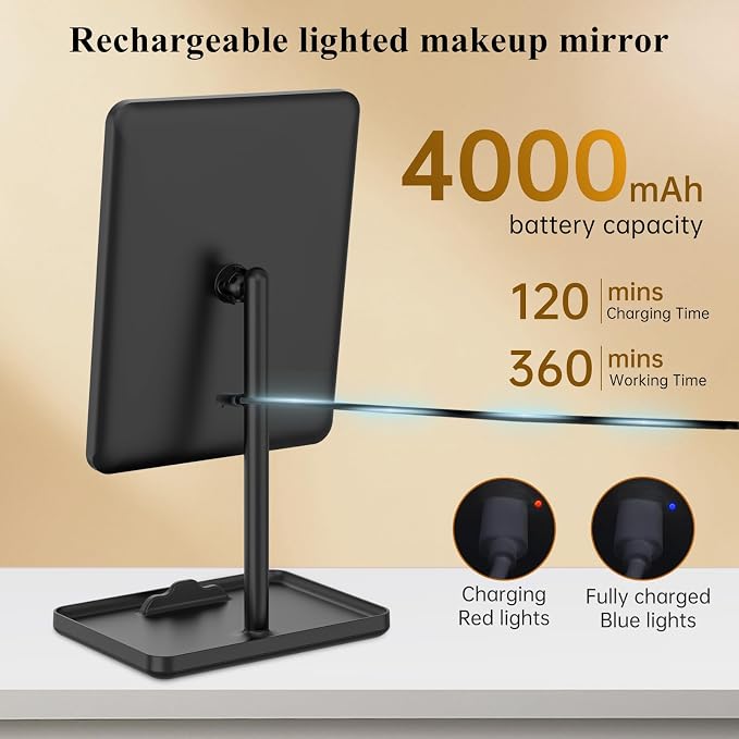 FUNTOUCH 4000mAh Rechargeable Vanity Mirror with Lights 40X Magnifier,Black | 3-Color Lighting Makeup Mirror with Lights & 84 LED,360°Rotation Touch Dimmable Lighted Makeup Mirror for Bedroom Tabletop