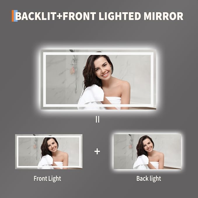 Large LED Bathroom Mirror 60x36 Inch - Frontlit & Backlit Frameless Wall Vanity Mirror with Stepless Dimming, Adjustable Color Temp, Anti-Fog Defogger, Smart Memory & 3X Suction Mirror, Sha
