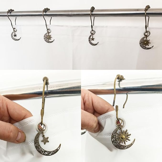 Decorative Moon Shower Curtain Hooks Set of 12 for Bathroom Shower Rods | Rustproof Curtain Rings with Vintage Moon Suns Stars Celestial Bodies Gothic Mystic Boho Theme Bathroom Decor, Bronze
