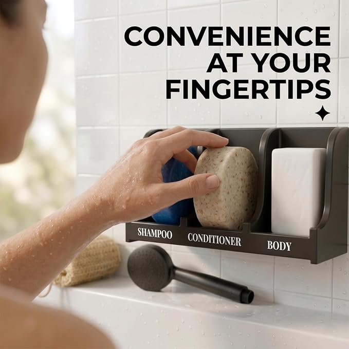 Soap Holder for Shower Wall, 3-Compartment Soap Dish for Shampoo, Conditioner and Body Soap, Fast Draining & Rust-Proof & Heavy Duty, Ultra-Strong Adhesive for Long-Term Bathroom Use & Freestanding