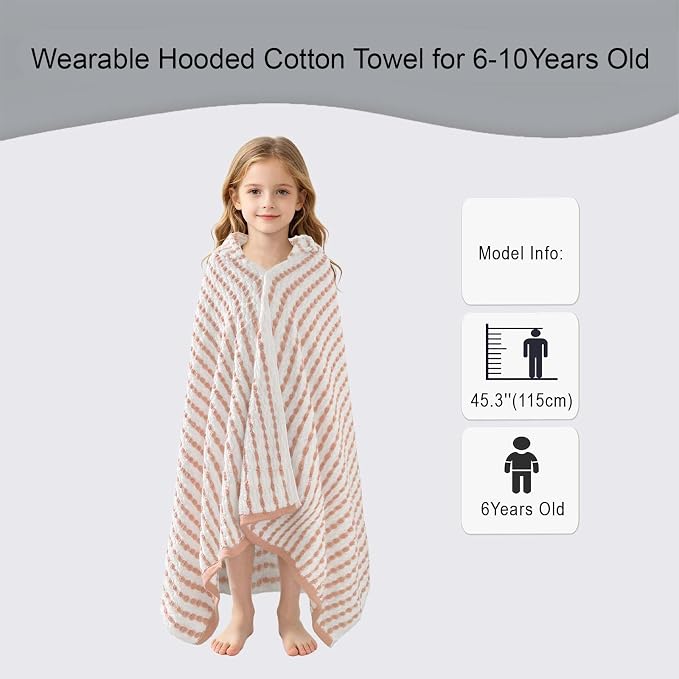 VOOVA & MOVAS Kids Hooded Bath Towel, 6-10 Years, 100% Cotton, White Brown | Lovely Dotted Plaid Design, Dense Thick Towel, Great Absorbency for All Water Scenes