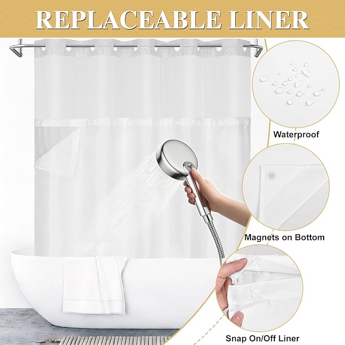 Yinhua No Hook Shower Curtain with Snap in Liner Set, 71" W×86" L, White | Hotel Style, See Through Top Window, Washable Waterproof, Tufted, Extra Long Hookless Curtain for Bathroom Bathtub