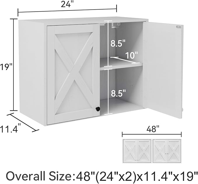 YOURLITE Laundry Cabinet, Medicine Cabinet, Bathroom Kitchen Storage Wall Mounted Farmhouse Organizer with Shelves Over Toilet, One Set of 2 Pieces X 24", White