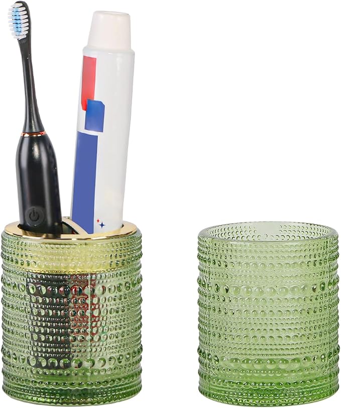 Green Toothbrush Holders, 2pcs Glass Toothbrush Holder Set, 10oz Bathroom Tumbler Cup, Gold Tooth Brush Holder Storage Cup Organizer for Bathroom Accessories, Brushes,Toothpaste,Razor
