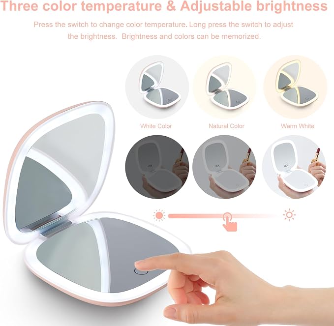 Mocado Compact Mirror with Light-4 Inches Compact 1x/10x Magnifying Mirror | Double Sides Lighted, 3 Colors Lighting, 0-100% Brightness, Diammable Touch, 1200mAh Rechargeable, For Pocket, Purse