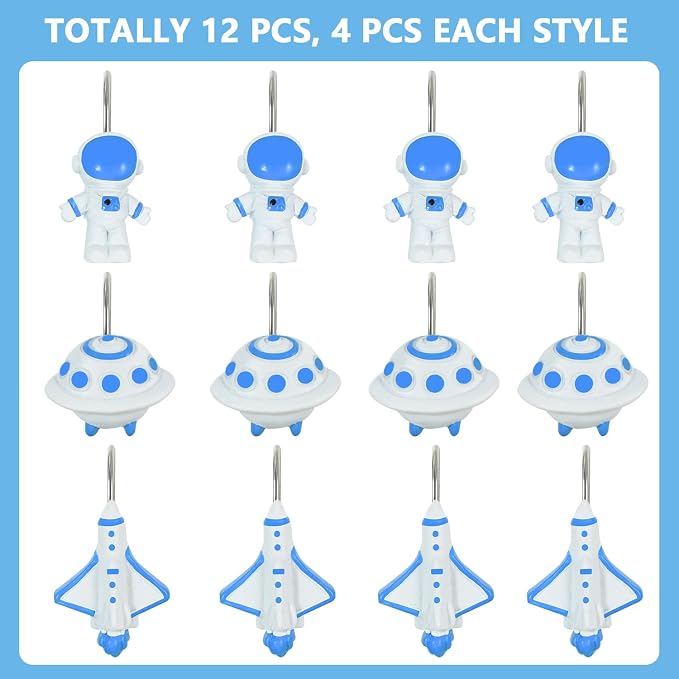 12-Piece Outer Space Galaxy Rocket Planet Shower Curtain Hooks | Decorative Shower Curtain Hooks for Bathroom, Stainless Steel Shower Hangers Rings