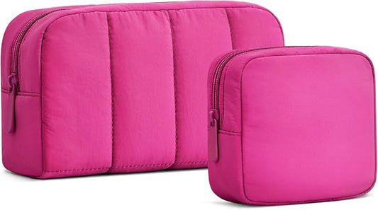 2 Pcs Makeup Bag Travel Toiletry Bag for Women Puffy Padded Cosmetic Pouch Purse Wide-open Makeup Organizer Case Travel Essentials