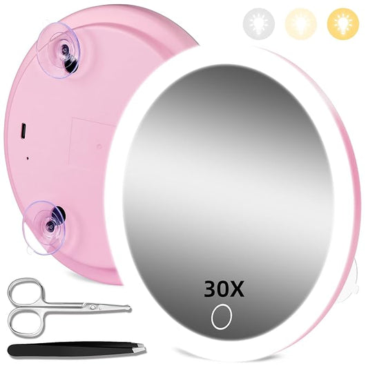 30X Concave Magnifying Mirror with Lights, 3 Suction Cups for Wall Mounting | 6inch Travel Size Magnified Mirror with 3 Color Dimmable Light, 30X High Magnification Makeup Mirror with Tweezers & Scissors