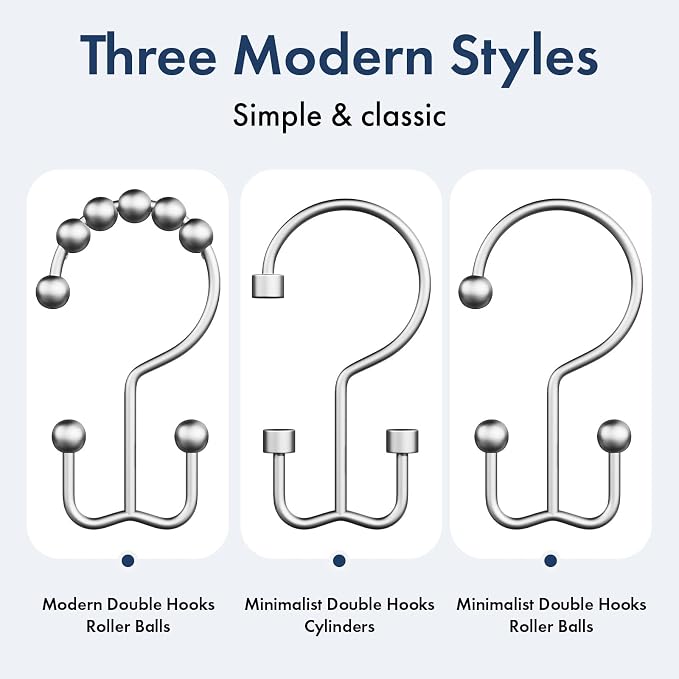 Bathway Shower Curtain Hooks Silver Shower Curtain Rings, 12 Pcs Double Hook Shower Curtain Hooks Rings Shower Curtain Hangers Rust Proof, Metal Shower Hooks for Bathroom Shower Curtain Rod