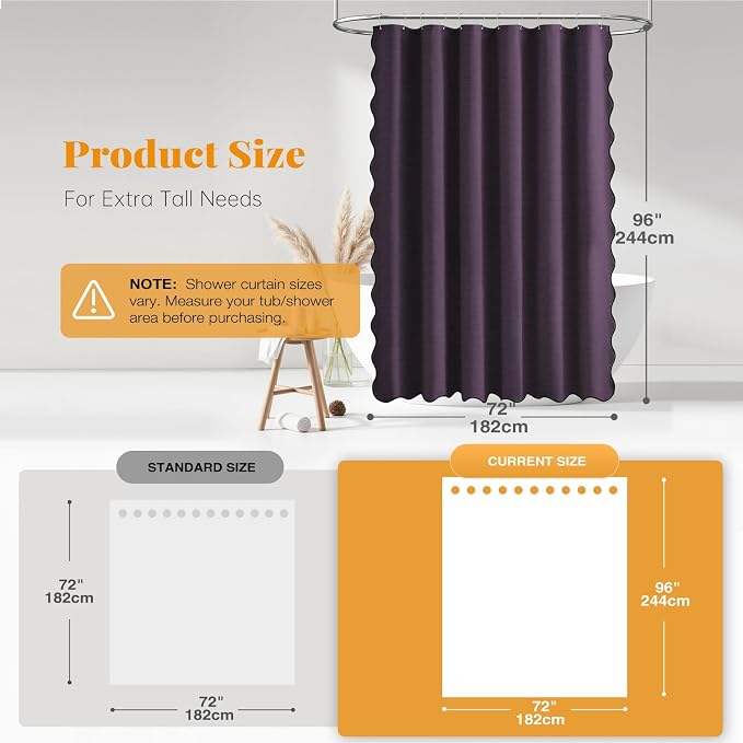 Extra Long Boho Scalloped Linen Textured Shower Curtain, 72x96, Purple | Extra Tall Size, 230GSM Waterproof Polyester, Heavy Duty Fabric, 12 Plastic Hooks, Elegant Farmhouse Style, Machine Washable