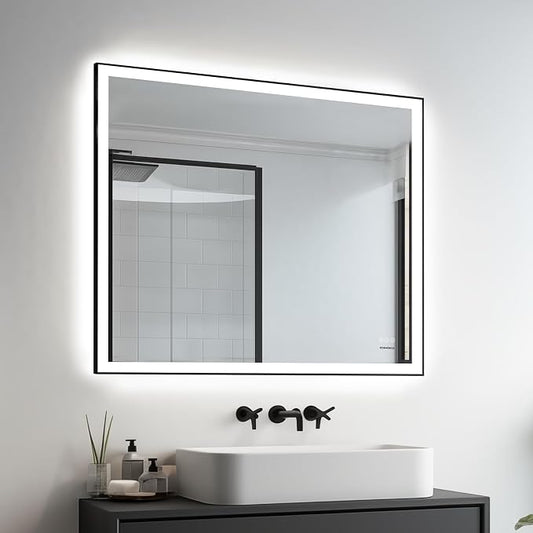 32x40 Inch Large LED Bathroom Mirror, Front & Backlit | Wall Mount Vanity Mirror, Anti-Fog Dimmable 3 Color Temperature Memory Function, Aluminum Frame Tempered Glass
