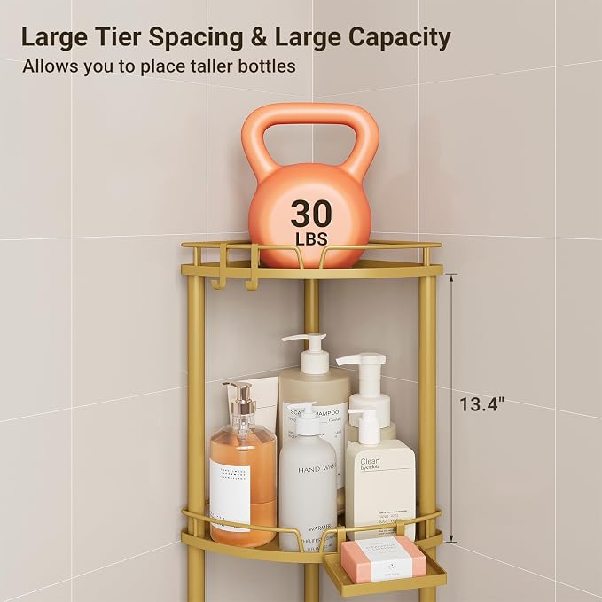 ELYKEN Corner Shower Caddy Standing, 4 Tier Metal Shower Organizer, Gold | Stainless Steel Shower Shelves with Soap Holder, Adjustable Feet & 2 Hooks for Storing Bath Essentials in Bathroom corner