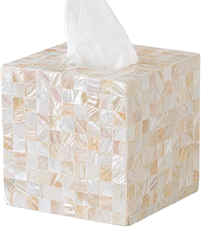 5.9” Mother of Pearl Tissue Box Cover for Kleenex and More – Handcrafted Square Tissue Holder with Sliding Bottom – Decorative Napkin Dispenser for Bathroom, Bedroom, Kitchen, Office