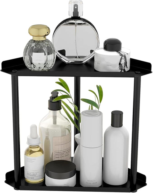 FLE Corner Bathroom Counter Organizer, Bathroom Organizer Countertop Black | 2 Tier Corner Shelf, Tabletop Mount,Waterproof Solid Shelf Fits Bathroom Toiletries and Kitchen Condiment Storage